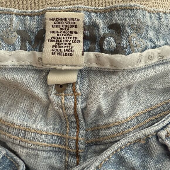 Vtg Mudd Jeans Size 7 Super Low Rise Flare Light Wash Denim Y2K Decorati… - Picture 9 of 9